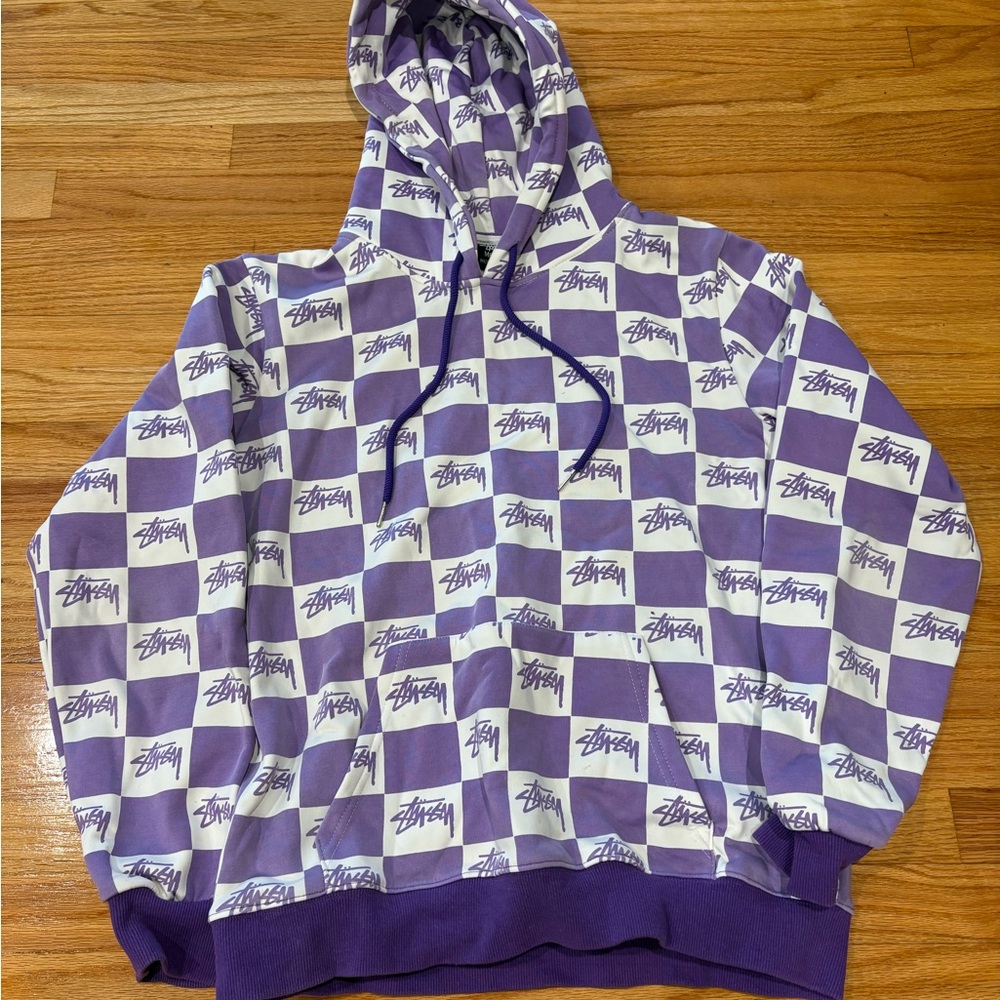 Stussy Purple and White Checkered Hoodie